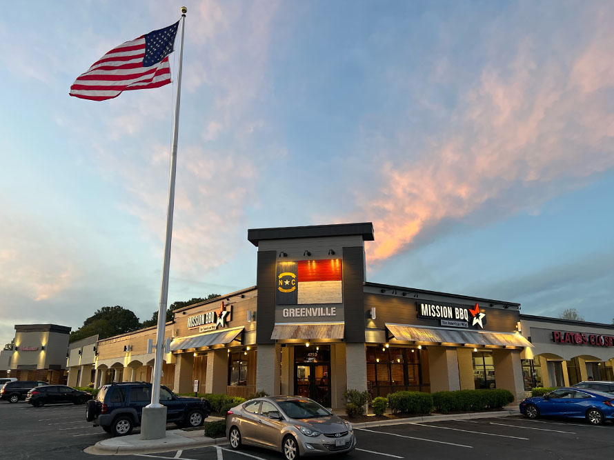 The Greenville, NC MISSION BBQ building.